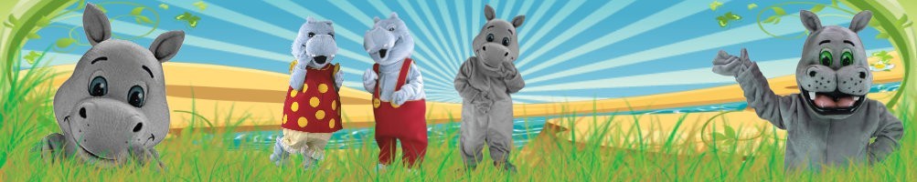 Nijlpaard kostuums mascottes ✅ rennende figuren reclamecijfers ✅ promotie kostuumwinkel ✅